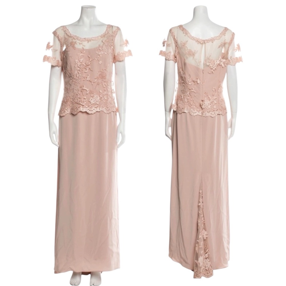 Montage by Mon Cheri Pink Lace Illusion Peplum Evening Gown Dress 12